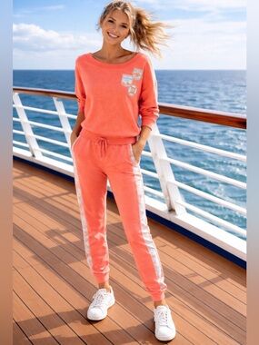 Disney Cruise Line Women’s Limited Edition Coral Pink Nautical Sweatsuit Sz S/M
